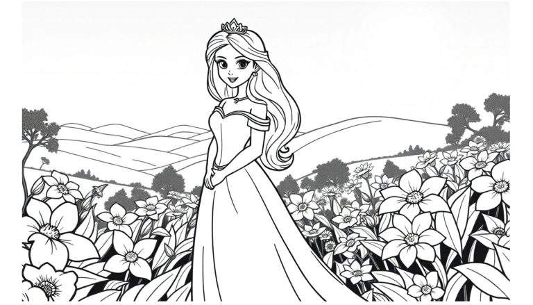 Princesa em um campo de flores em um color panel.