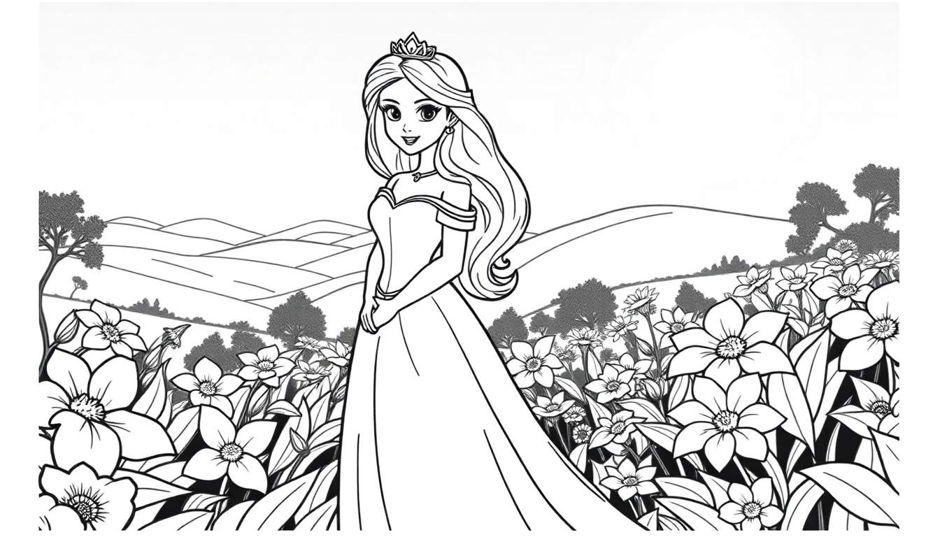 Princesa em um campo de flores em um color panel.