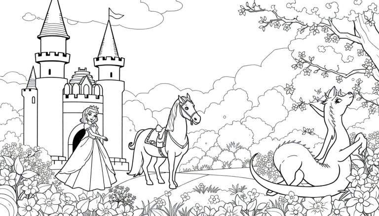 Desenho para colorir de um castelo de conto de fadas com uma princesa, cavalo e dragão amigável, pronto para colorir.