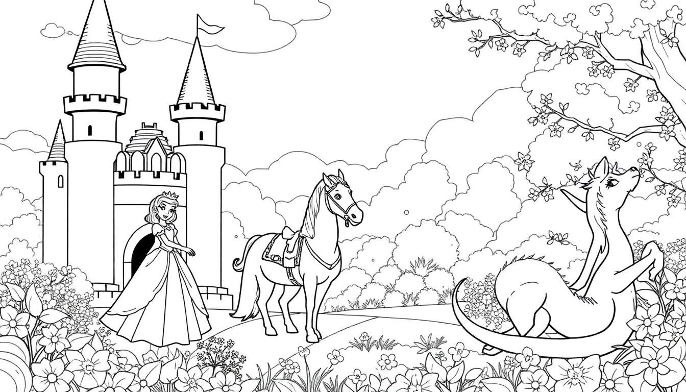 Desenho para colorir de um castelo de conto de fadas com uma princesa, cavalo e dragão amigável, pronto para colorir.