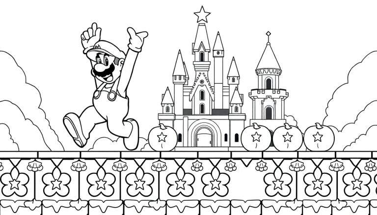 Desenho de linha em preto e branco de Mario pulando em frente a um castelo com uma estrela no topo.