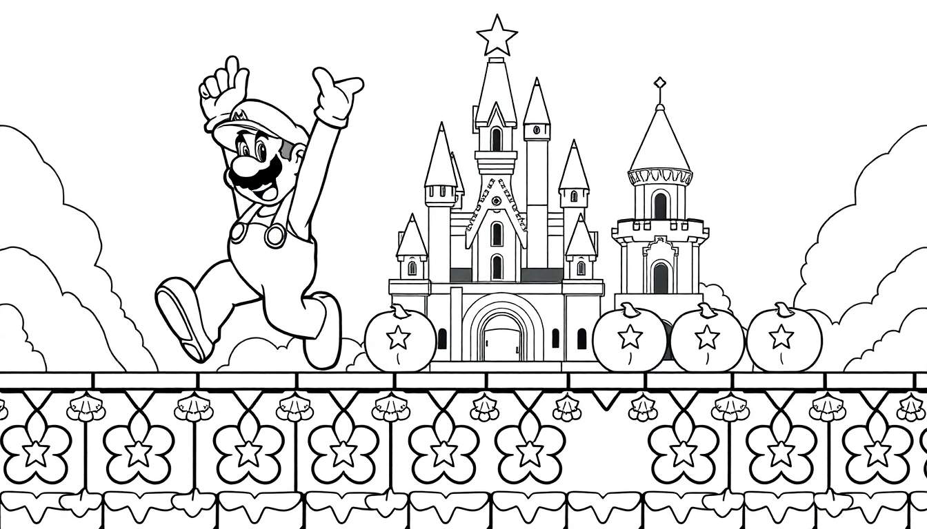 Desenho de linha em preto e branco de Mario pulando em frente a um castelo com uma estrela no topo.