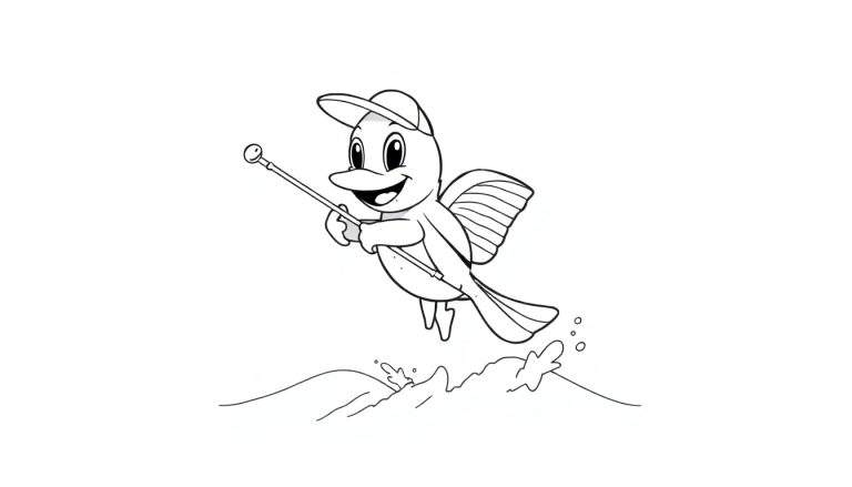 Pássaro com boné de beisebol pescando.