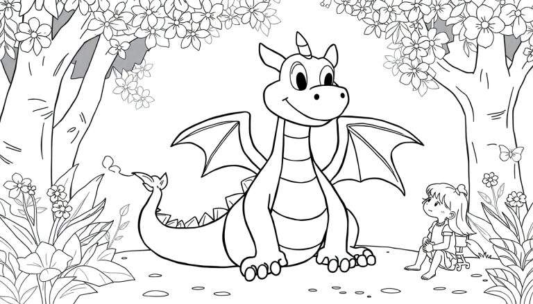 Um dragão de desenho animado sorridente e uma menina sentada em um banco em uma floresta com flores e borboletas, desenhados em estilo de livro de colorir.