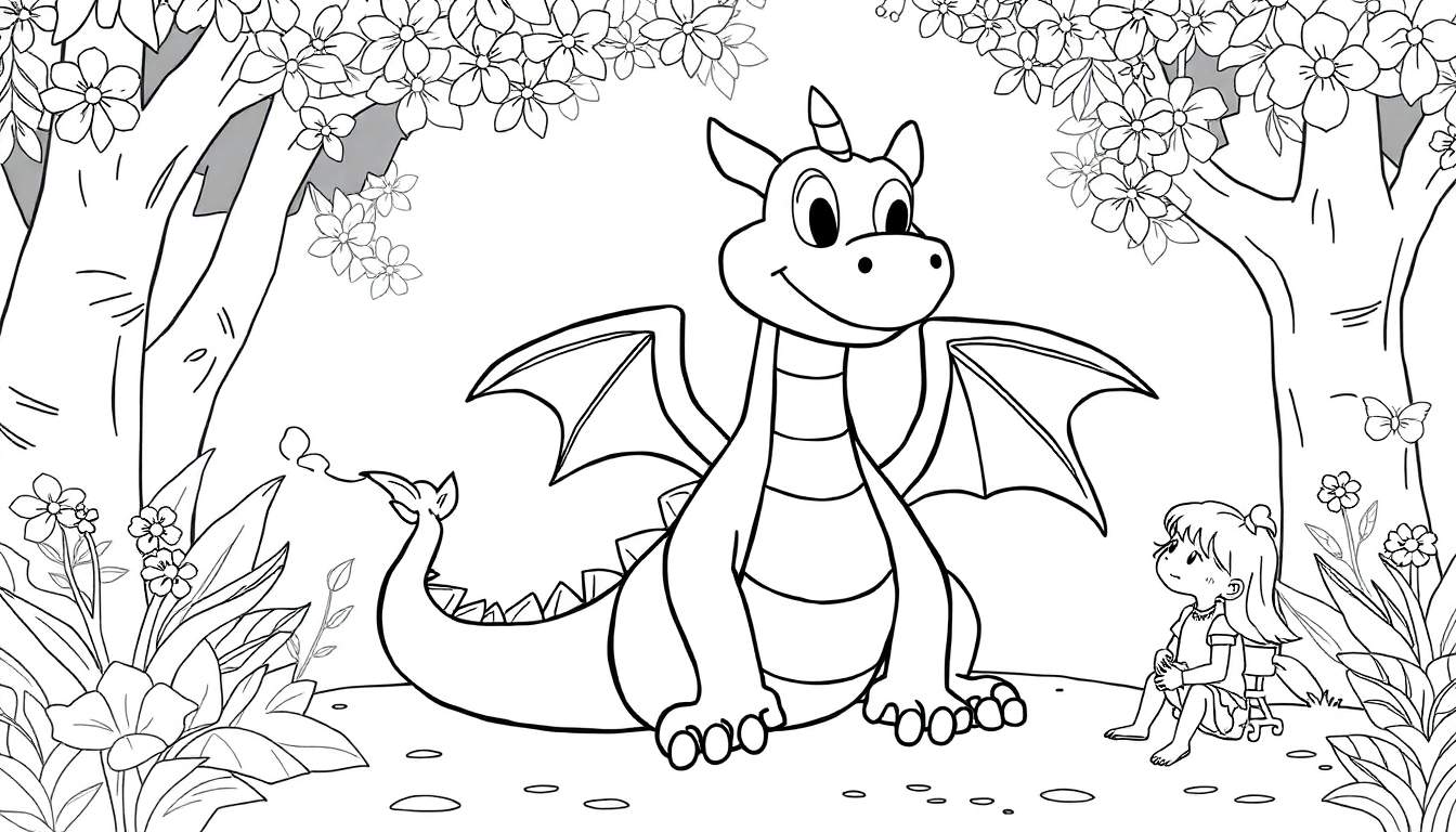 Um dragão de desenho animado sorridente e uma menina sentada em um banco em uma floresta com flores e borboletas, desenhados em estilo de livro de colorir.