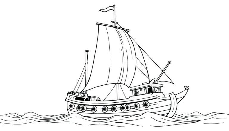 Um grande barco pirata navegando em alto mar, com ondas e gaivotas. A vela tem uma caveira.