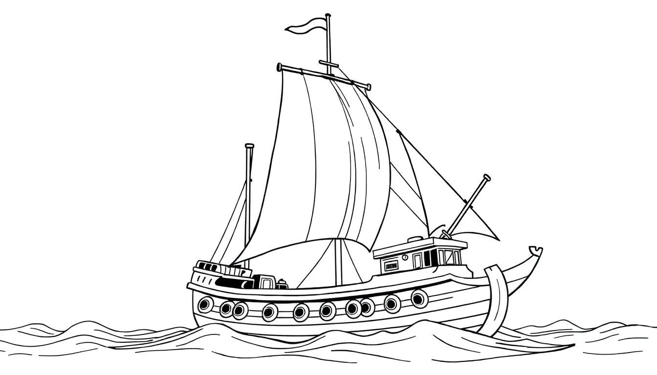 Um grande barco pirata navegando em alto mar, com ondas e gaivotas. A vela tem uma caveira.