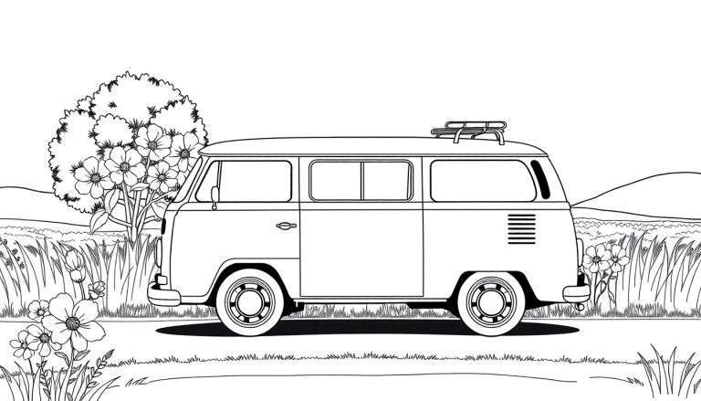 Desenho em preto e branco de uma Kombi Volkswagen antiga com rack de teto, estacionada em um campo com uma árvore florida e uma colina ao fundo. Um color panel para colorir.