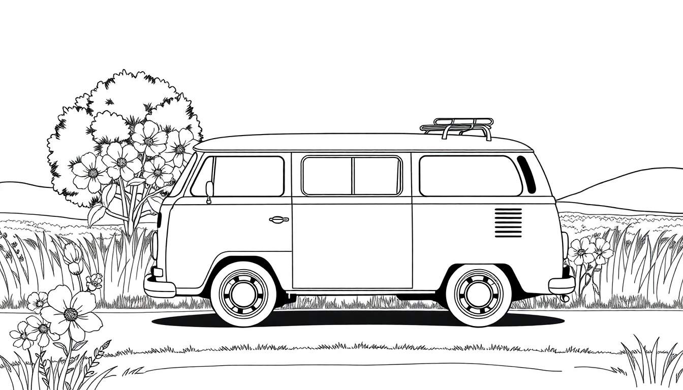 Desenho em preto e branco de uma Kombi Volkswagen antiga com rack de teto, estacionada em um campo com uma árvore florida e uma colina ao fundo. Um color panel para colorir.
