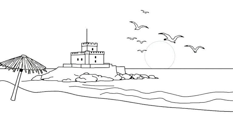 Ilustração em preto e branco de uma praia com um guarda-sol, um castelo numa colina e pássaros a voar. O mar e o sol também estão presentes.