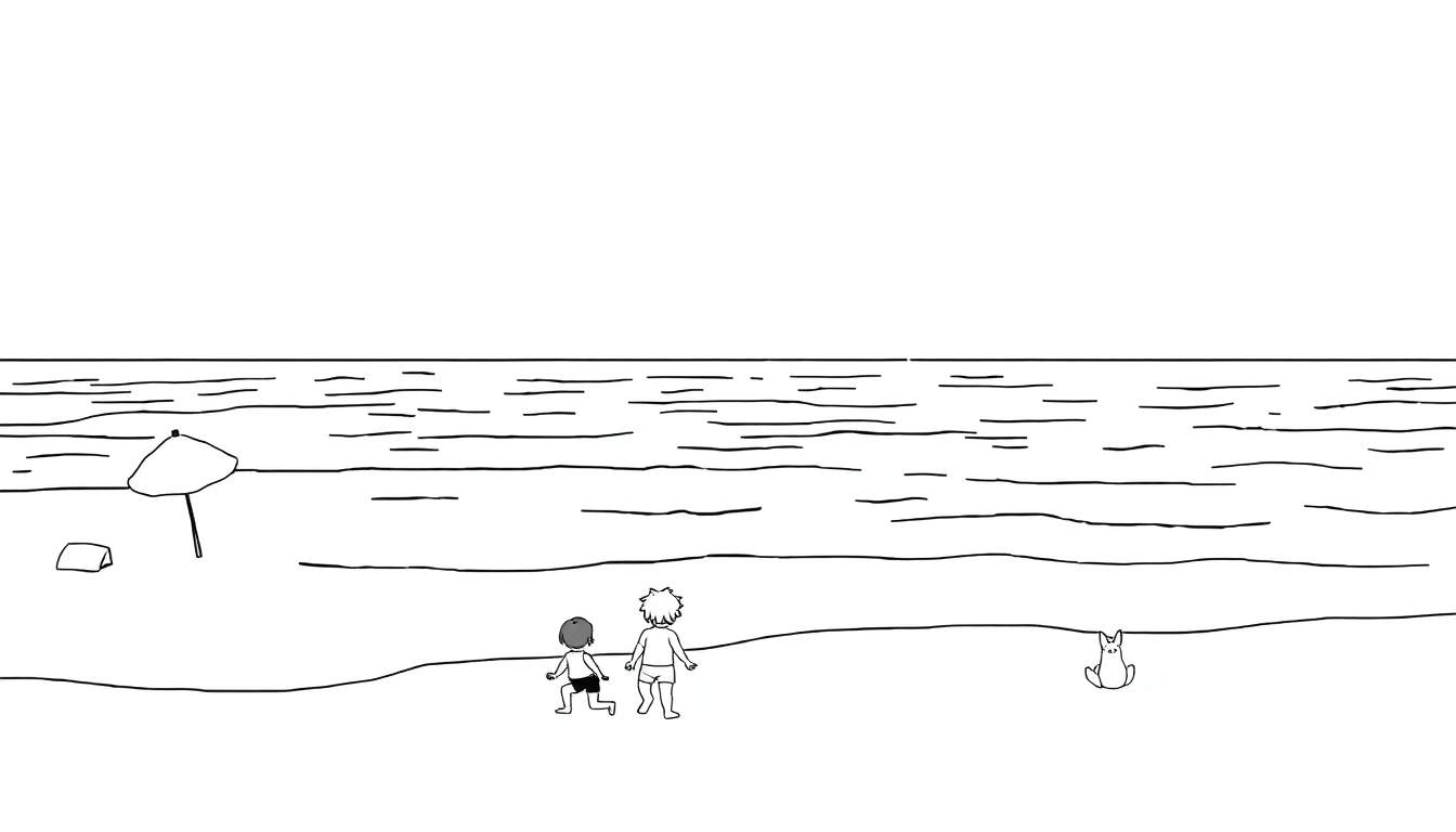 Duas crianças brincam na praia com um gato a observar, com o mar ao fundo.