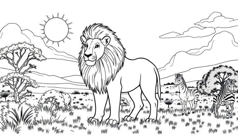 Ilustração em preto e branco de uma paisagem africana com um leão, duas zebras, árvores de savana, montanhas e um sol brilhante, semelhante a uma página de livro de colorir, com um painel de cores.