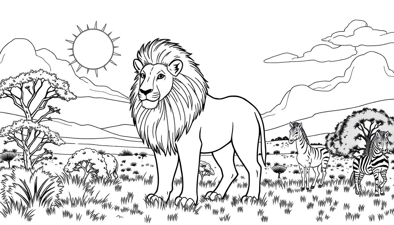 Ilustração em preto e branco de uma paisagem africana com um leão, duas zebras, árvores de savana, montanhas e um sol brilhante, semelhante a uma página de livro de colorir, com um painel de cores.