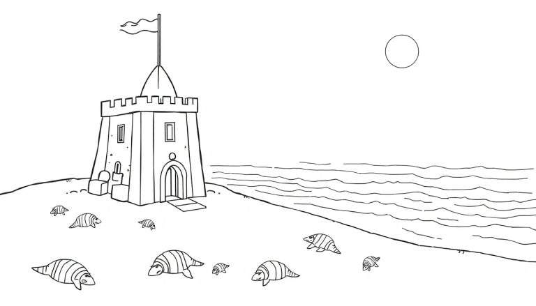 Desenho de um castelo de areia com uma bandeira, degraus, peixes e um sol no céu, pronto para colorir.