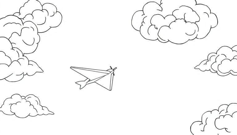 Um avião de papel preto e branco voando entre nuvens fofas em um color panel.