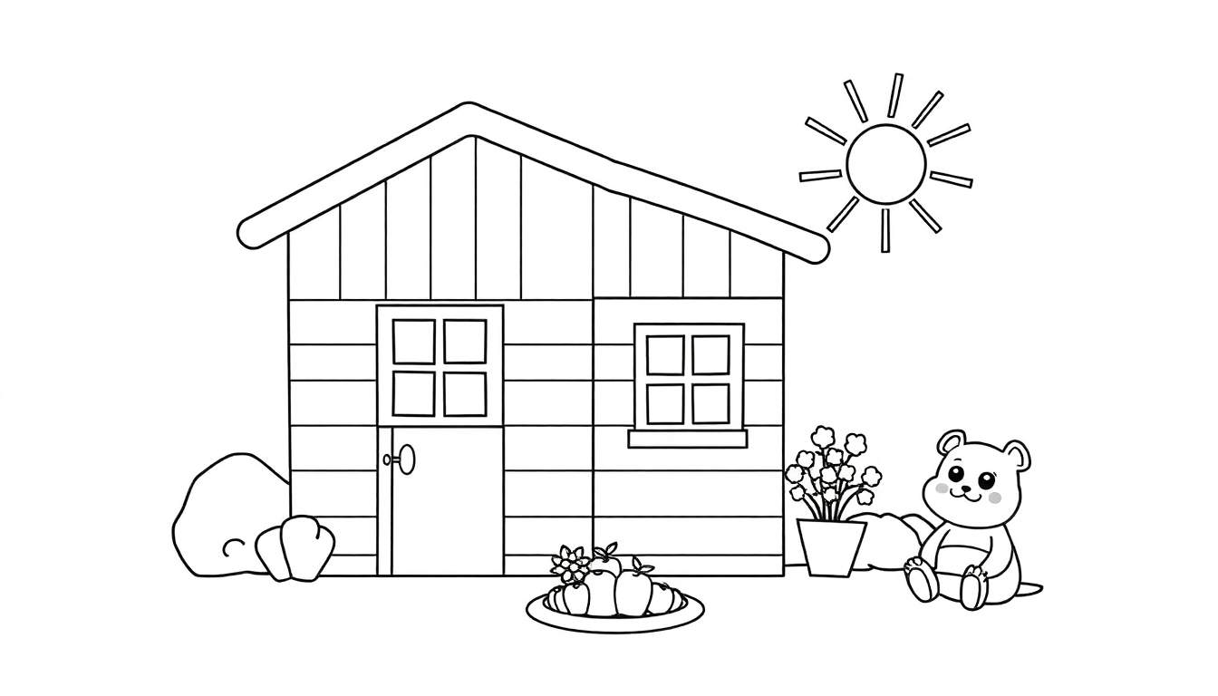 Desenho a preto e branco de uma casa simples com um urso de desenho animado, um sol e um prato de frutas.