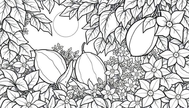 Ilustração em preto e branco de folhas, flores e frutos de cacau em uma cena natural, com um círculo no fundo.
