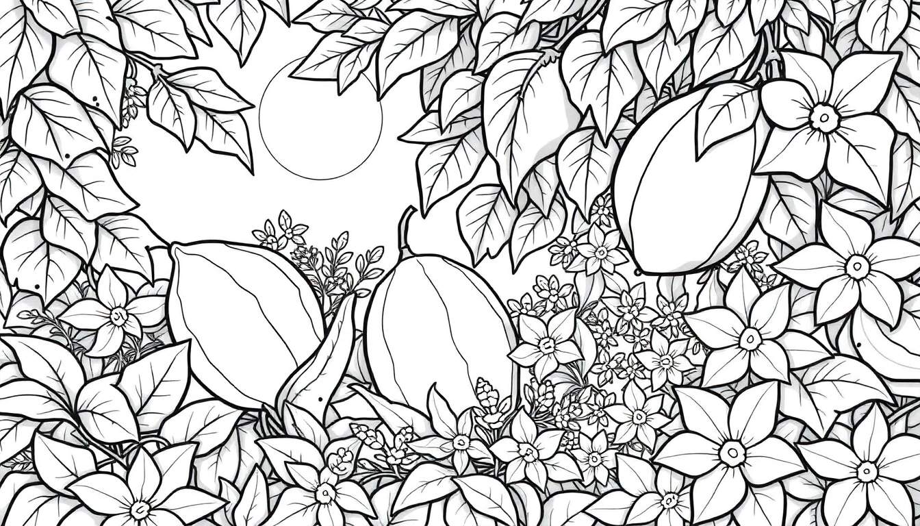 Ilustração em preto e branco de folhas, flores e frutos de cacau em uma cena natural, com um círculo no fundo.