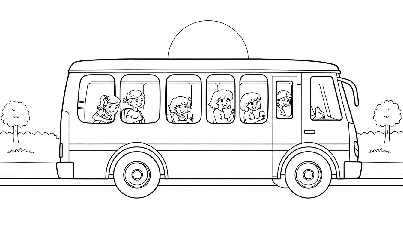 Um ônibus escolar amarelo brilhante com janelas abertas e crianças acenando. Um sol redondo está atrás do ônibus. Dois pneu grande e rodas fortes, com duas árvores pequenas em cada lado. A color panel shows a sunny day!