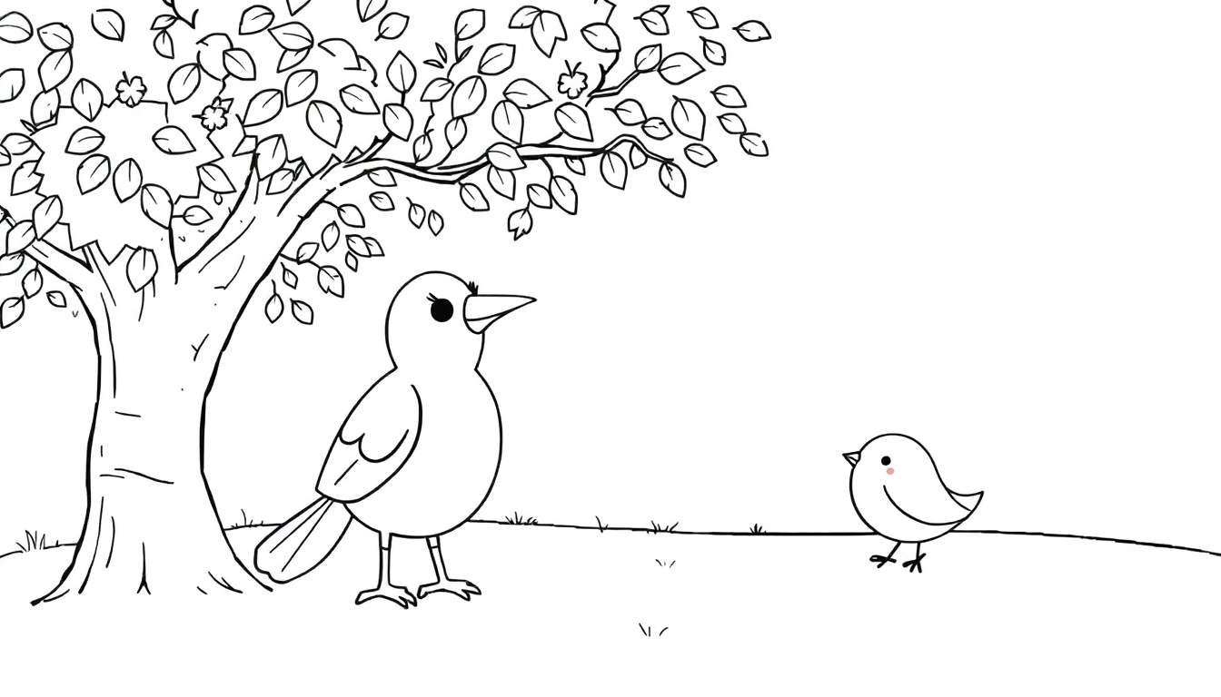 Duas aves de desenho animado numa paisagem de color panel.