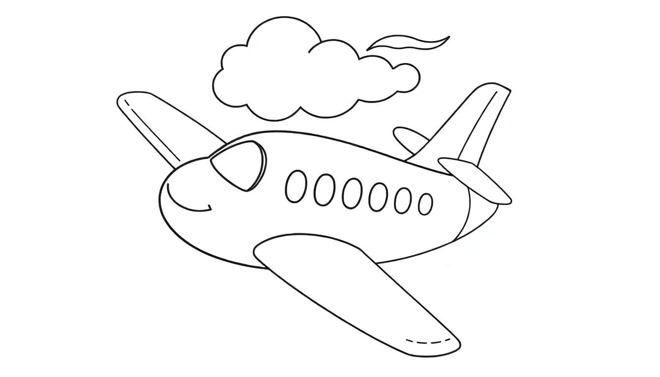Um avião de desenho animado em preto e branco com asas e cauda simplificadas, com uma nuvem fofa acima.