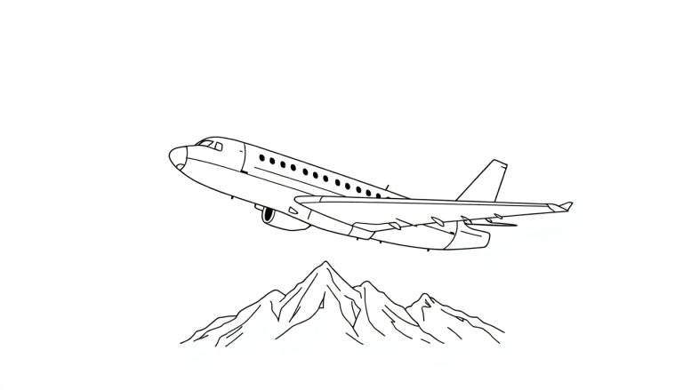 Um avião preto e branco a decolar sobre montanhas pretas e brancas.