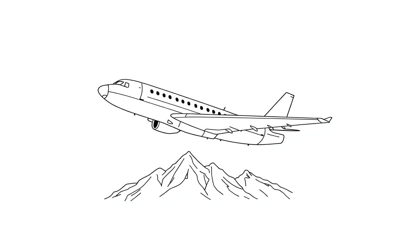 Um avião preto e branco a decolar sobre montanhas pretas e brancas.