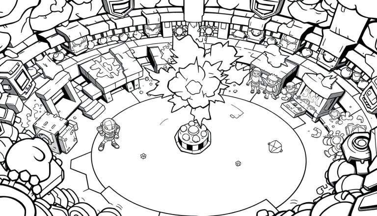 Página de colorir com explosão central e personagens de Brawl Stars em um ambiente circular fortificado.