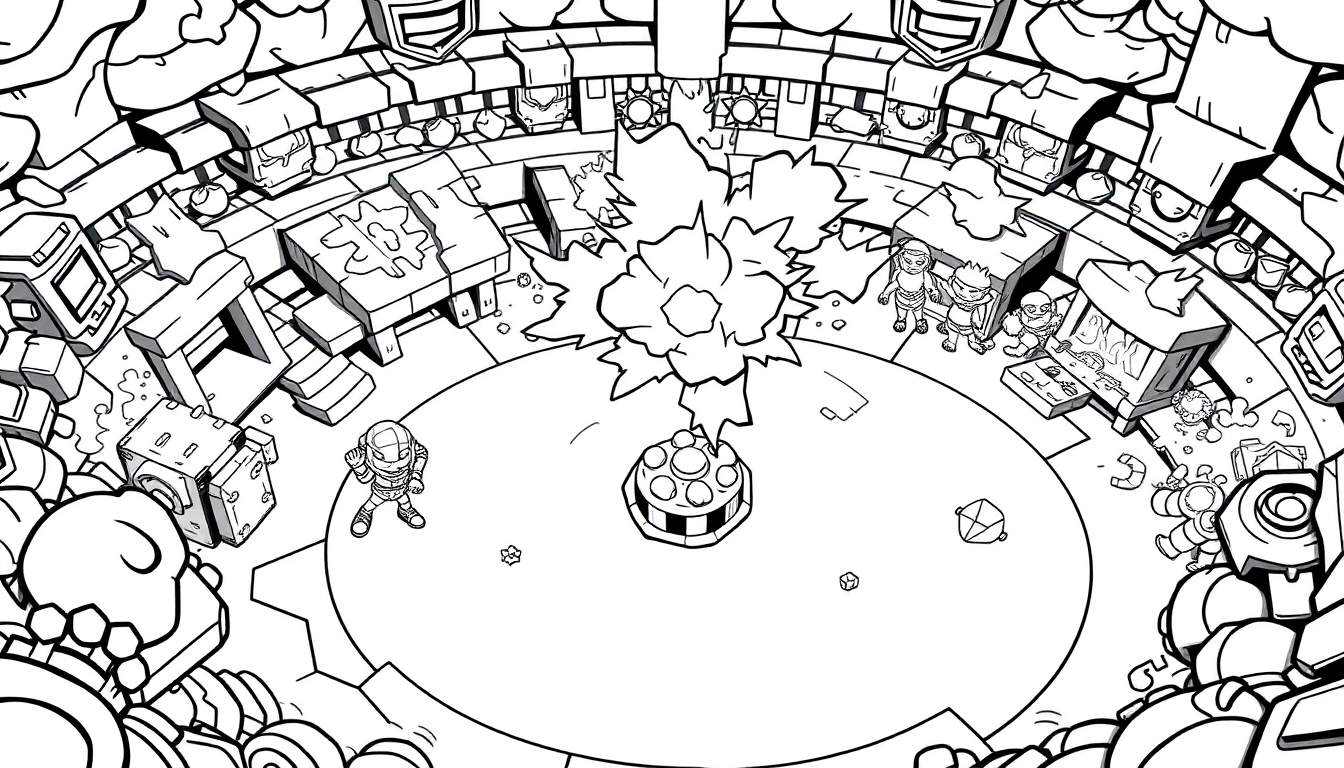 Página de colorir com explosão central e personagens de Brawl Stars em um ambiente circular fortificado.