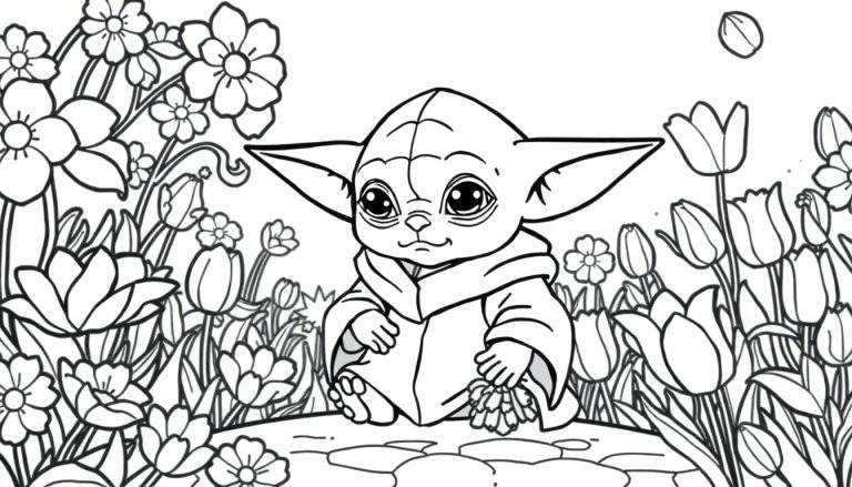 Desenho para colorir do Baby Yoda em um campo de flores, com contornos pretos e espaços em branco.