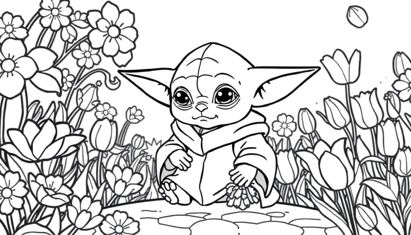 Desenho para colorir do Baby Yoda em um campo de flores, com contornos pretos e espaços em branco.