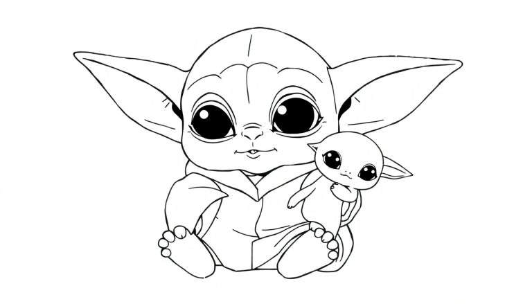 Desenho de contorno de Baby Yoda segurando um pequeno sapo, pronto para colorir.