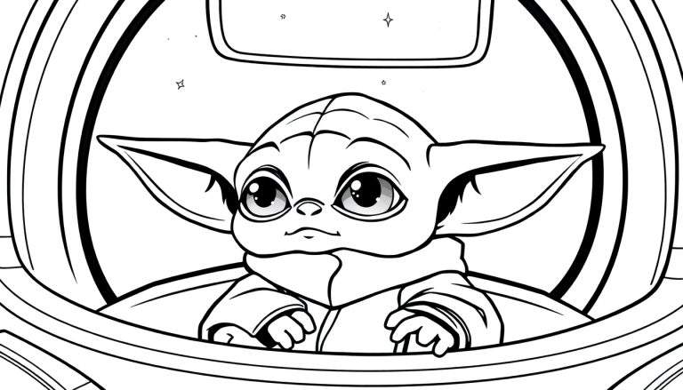Desenho de Baby Yoda sentado em sua cápsula espacial, pronto para colorir.