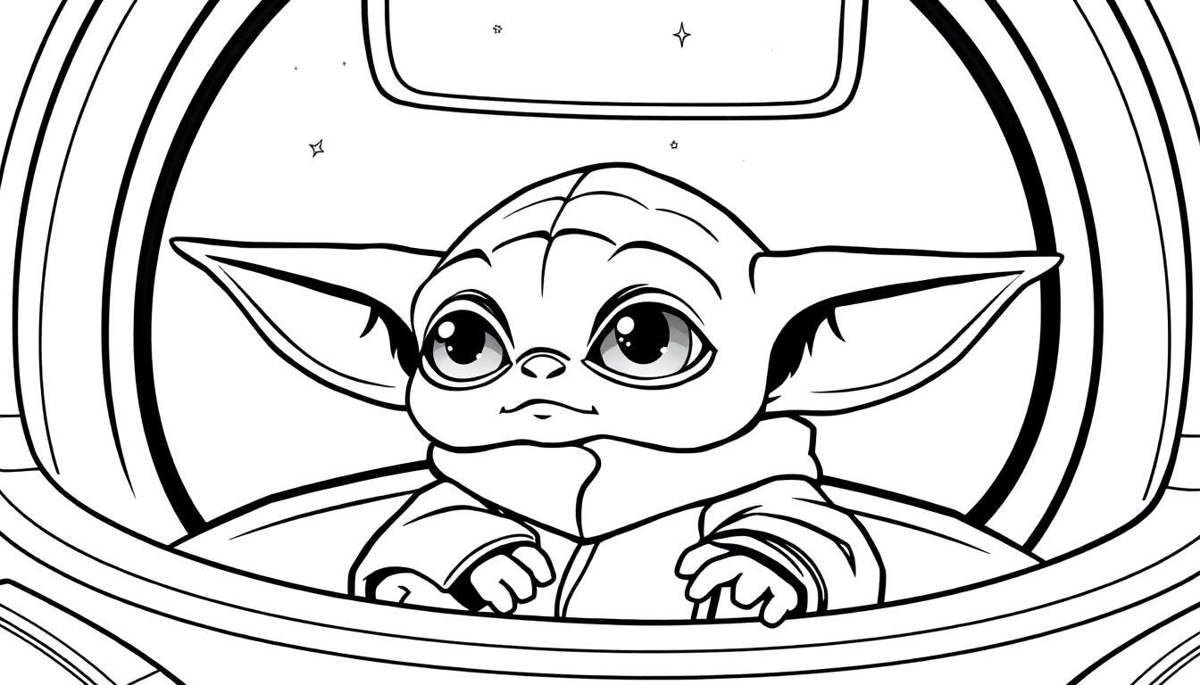 Desenho de Baby Yoda sentado em sua cápsula espacial, pronto para colorir.