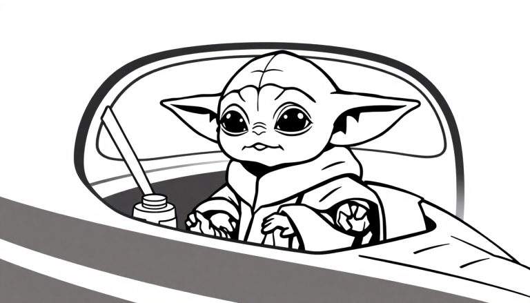 Um desenho em preto e branco de Baby Yoda em sua nave espacial, segurando os controles.