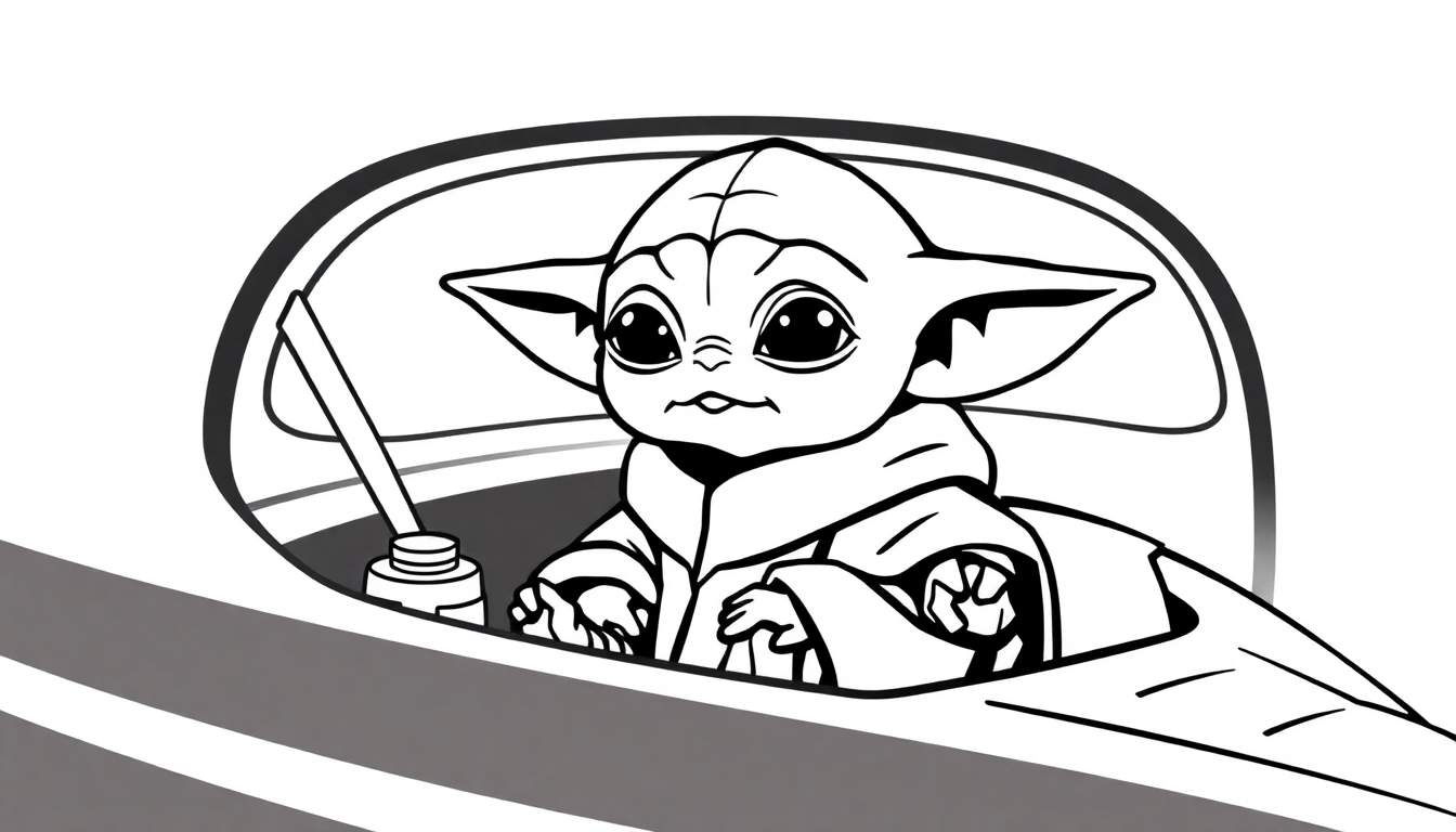 Um desenho em preto e branco de Baby Yoda em sua nave espacial, segurando os controles.