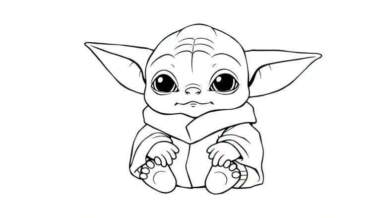 Um desenho a preto e branco de Baby Yoda com grandes orelhas e olhos curiosos, pronto para ser colorido em um color panel.