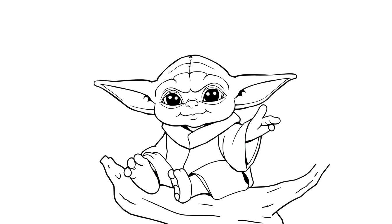 Desenho a traço de Baby Yoda sentado num galho de árvore, pronto para colorir.