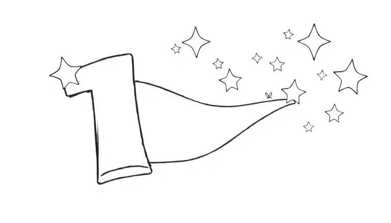 Um balão número 1 preto e branco com uma ponta afilada e estrelas ao redor, pronto para colorir.