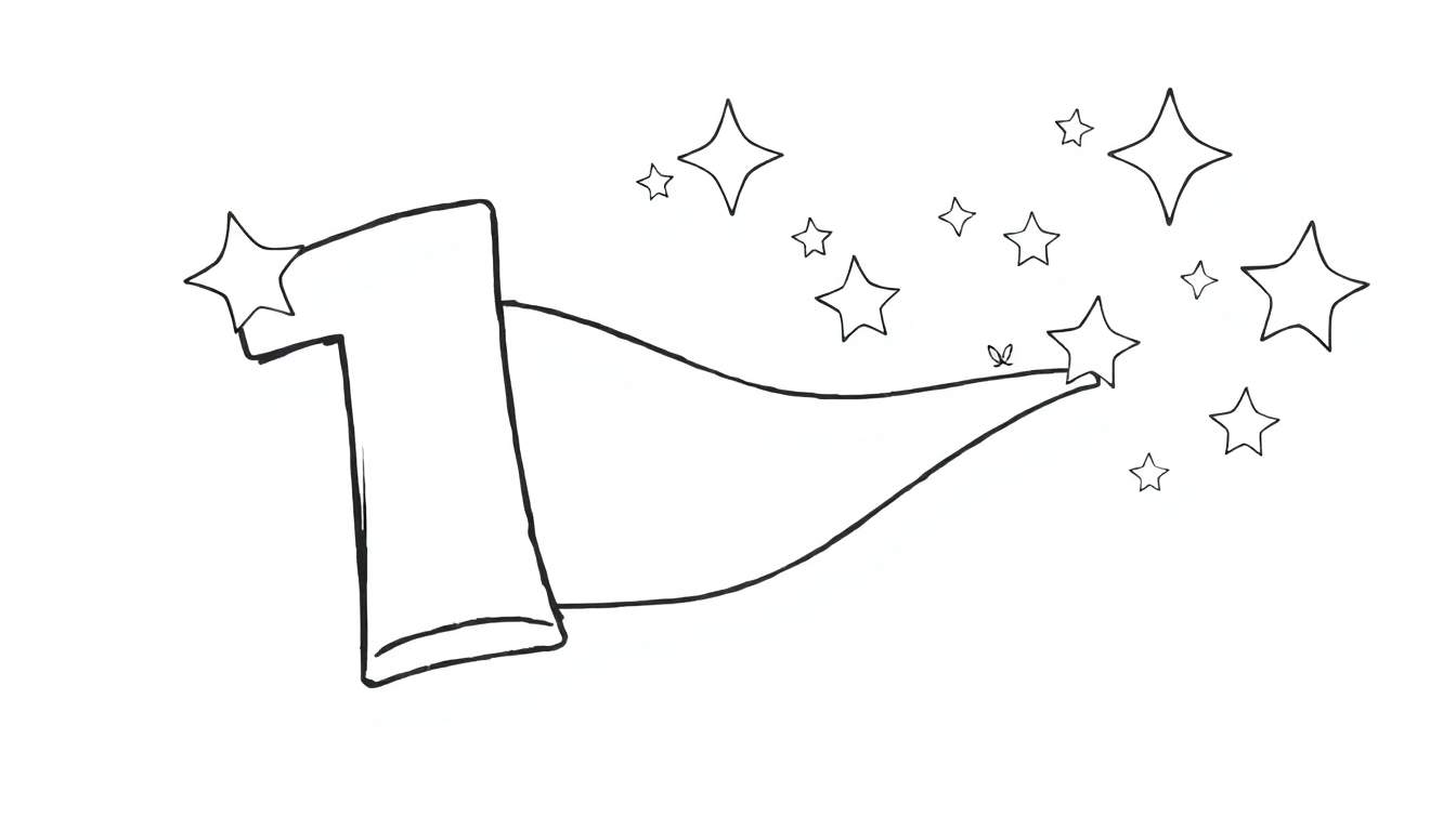 Um balão número 1 preto e branco com uma ponta afilada e estrelas ao redor, pronto para colorir.