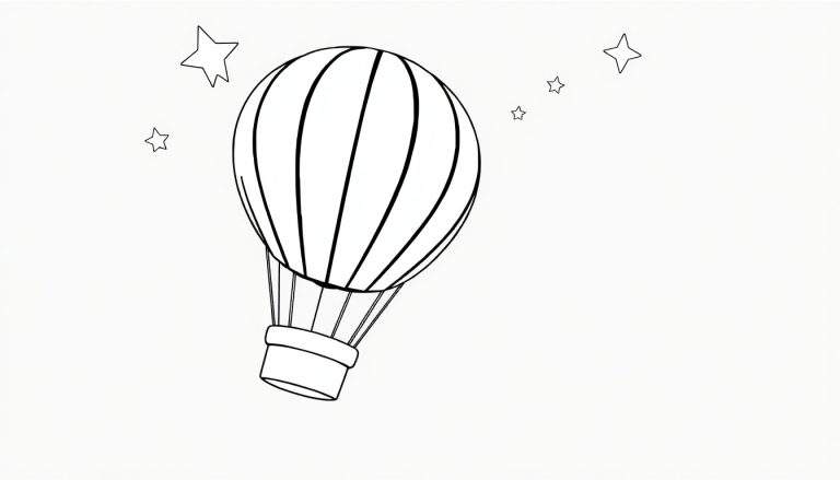 Desenho a preto e branco de um balão de ar quente com um padrão listrado e uma cesta, rodeado por estrelas de cinco pontas num fundo branco. Este color panel é simples e infantil.