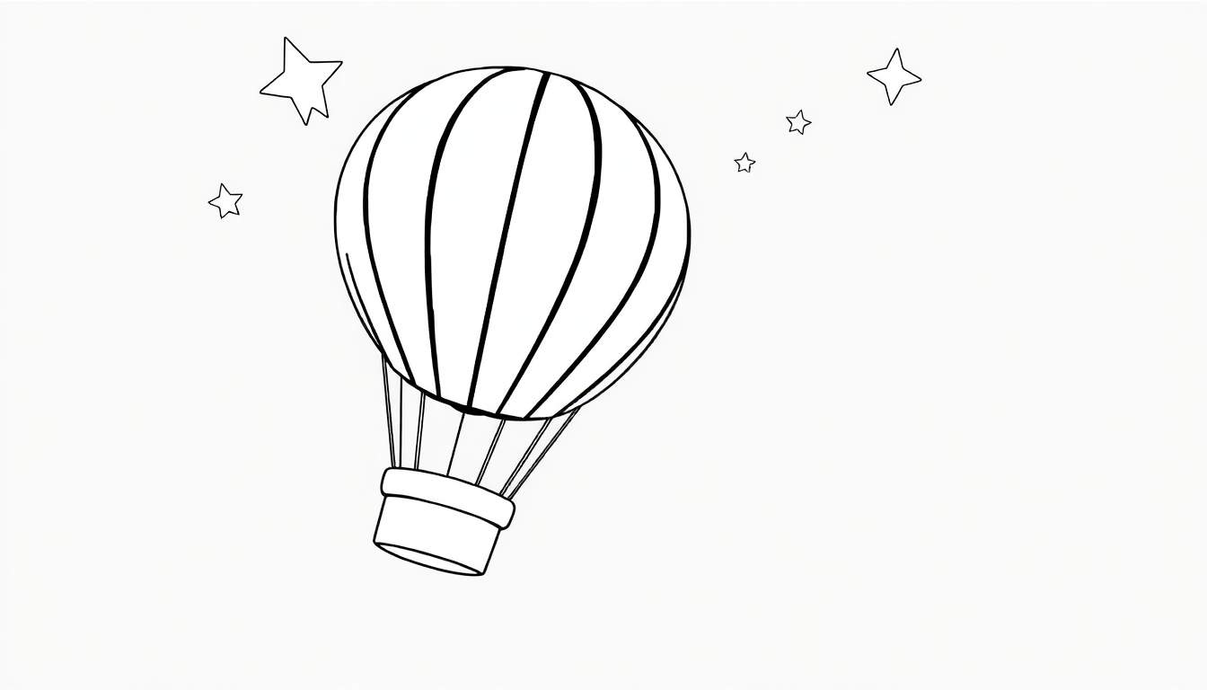 Desenho a preto e branco de um balão de ar quente com um padrão listrado e uma cesta, rodeado por estrelas de cinco pontas num fundo branco. Este color panel é simples e infantil.