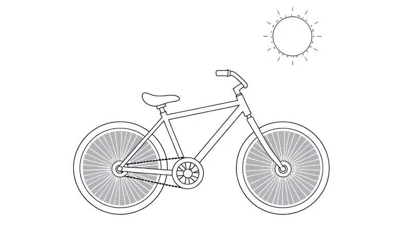 Uma bicicleta em estilo de desenho com um sol no canto superior direito, pronta para um passeio. O color panel mostra tons de cinza.