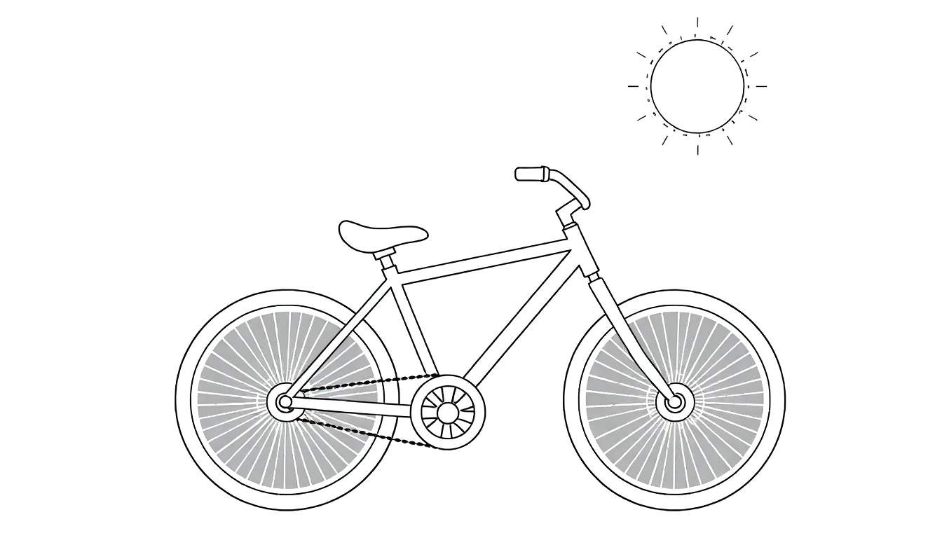 Uma bicicleta em estilo de desenho com um sol no canto superior direito, pronta para um passeio. O color panel mostra tons de cinza.
