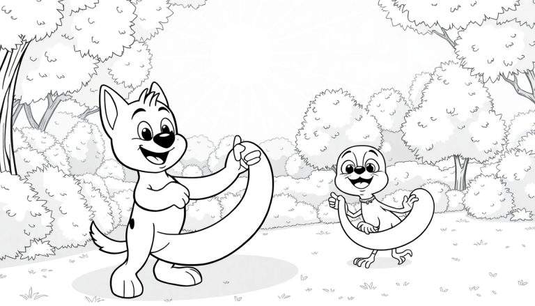 Bluey e Bingo, dois cães antropomórficos, brincam com balões em forma de cauda num parque ensolarado, num desenho a preto e branco para colorir.