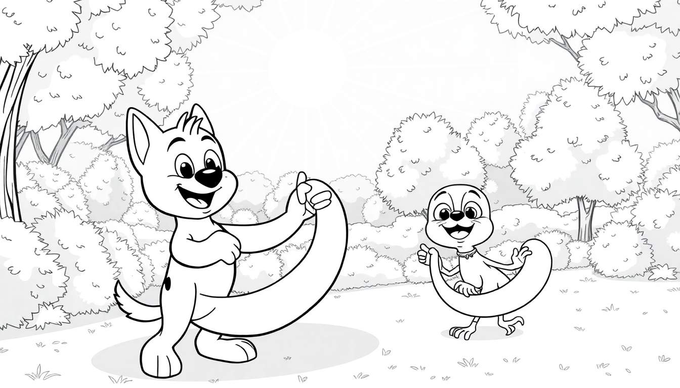 Bluey e Bingo, dois cães antropomórficos, brincam com balões em forma de cauda num parque ensolarado, num desenho a preto e branco para colorir.