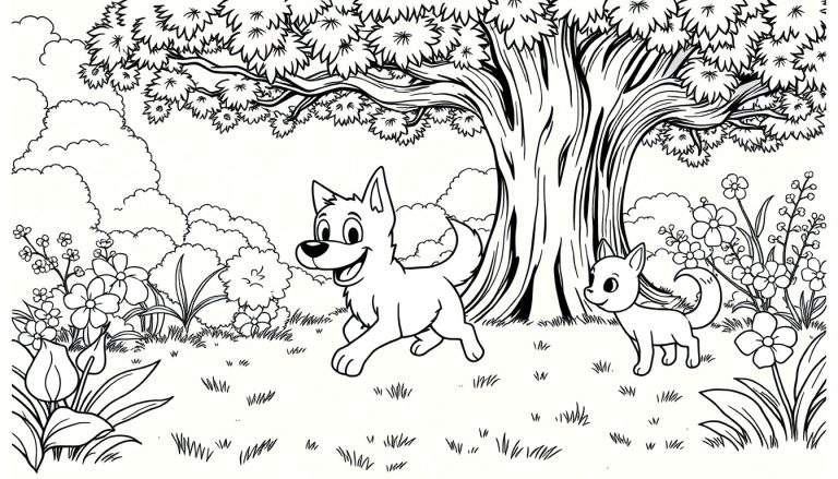 Bluey e Bingo correndo sob uma árvore grande em um desenho para colorir.