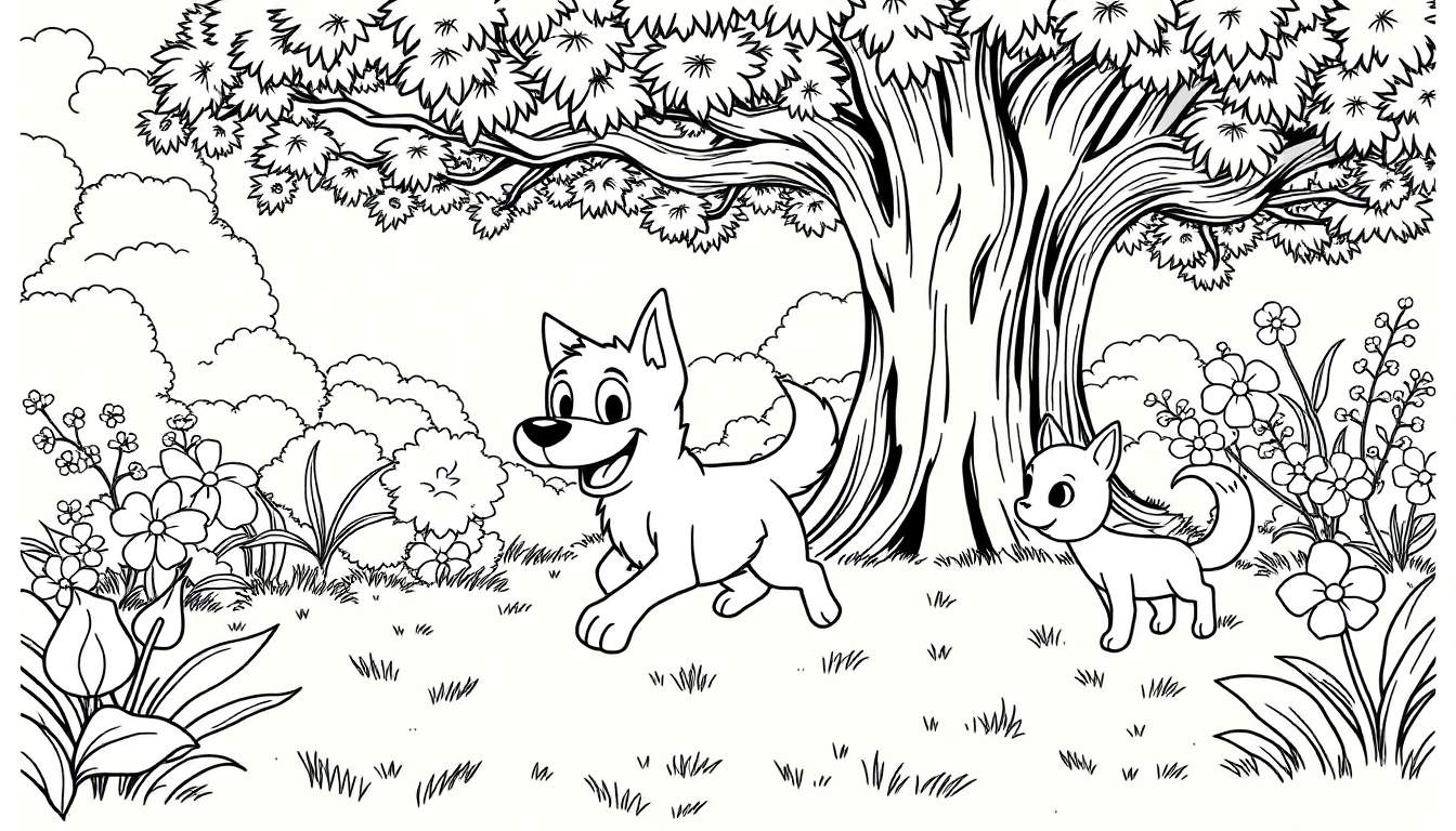 Bluey e Bingo correndo sob uma árvore grande em um desenho para colorir.