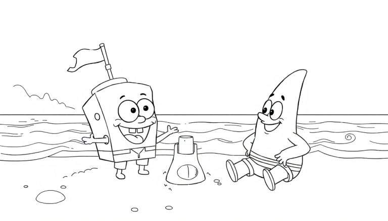 Bob Esponja e Patrick Estrela na praia, com uma garrafa de protetor solar entre eles.