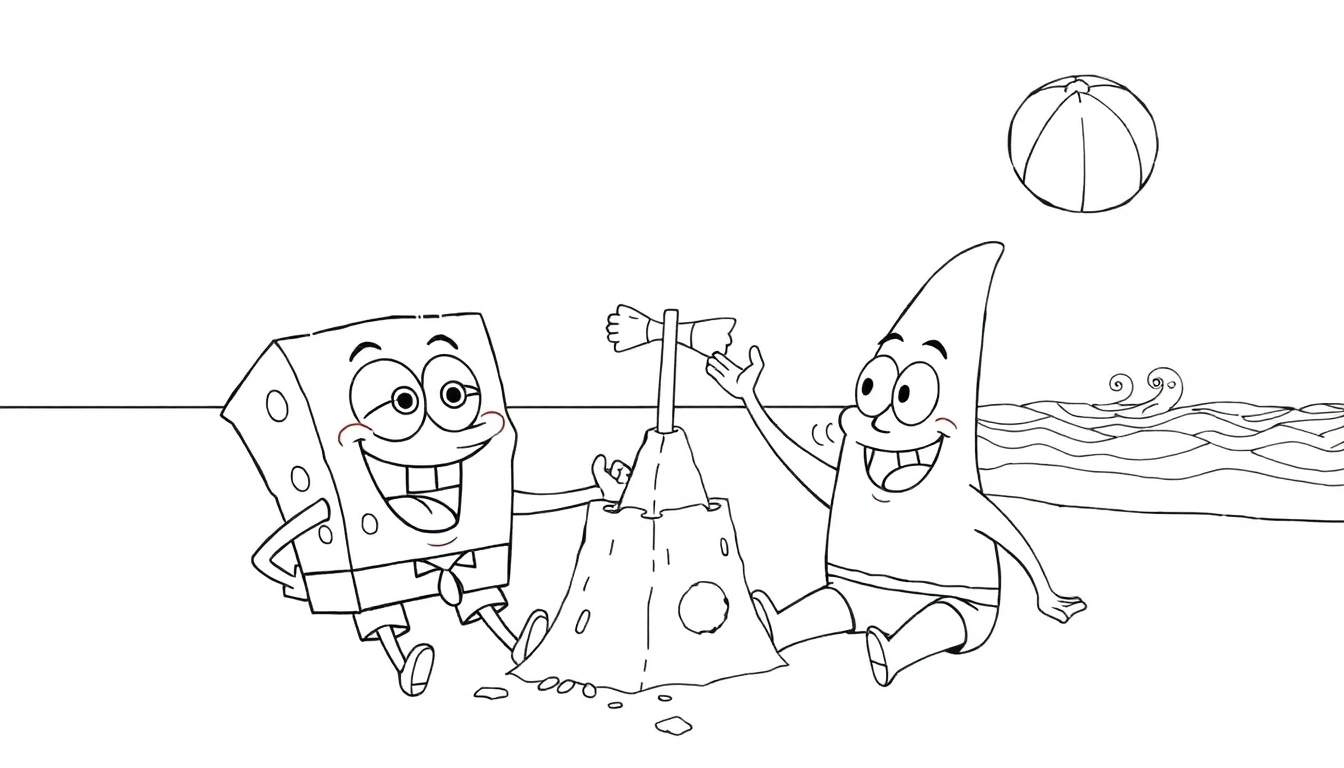 Bob Esponja e Patrick construindo um castelo de areia em uma praia, com uma bola no céu.